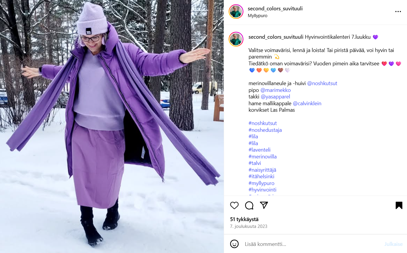 Instagram second_colors_suvituuli – värianalyysi- ja tyylivinkit, tapahtumat